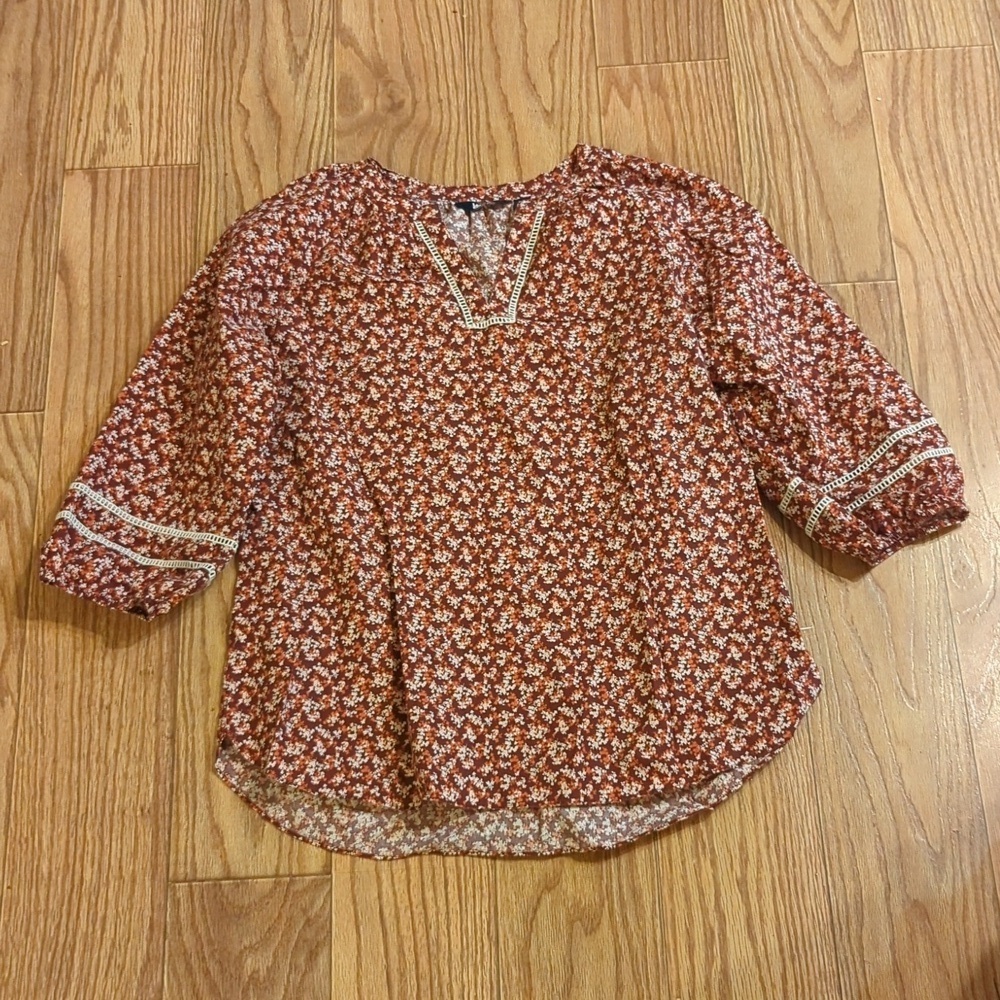 Lands' End Floral Boho Blouse Red Orange Crochet Trim Retro 70s Women's Size LP - Picture 1 of 5